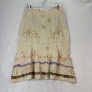 Vtg J. Jill Natural Linen Embroidered Tiered Silk Ruffle Midi Skirt Womens 12 **
